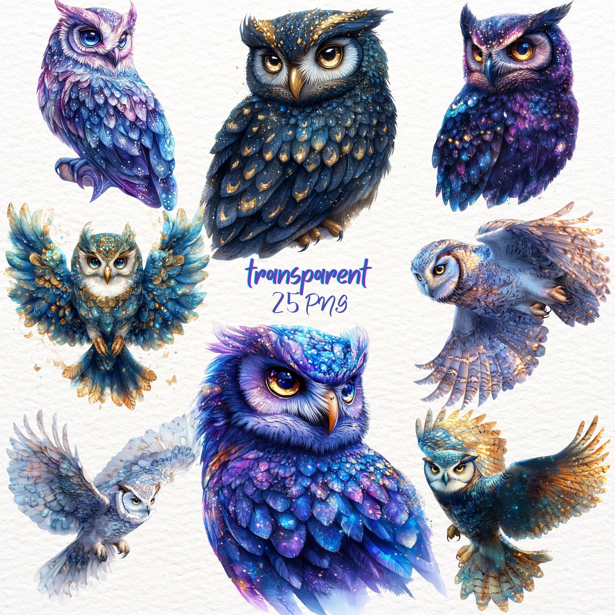 25 Cute Owls Clipart PNG Bundle, Digital Watercolour Graphic, Mystical Whimsical Junk Journal, Scrap