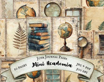 10 Mini Academia Junk Journal druckbare Seiten, Journal Page Bundle, Globus jpg, Scrapbook-Papier, Digital Journal Sheet, kommerzielle Nutzung, Farn