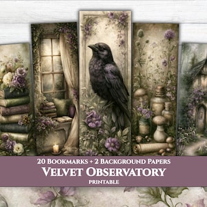 Puede incluir: Juego de marcadores e imágenes de fondo imprimibles con ilustraciones de acuarela. Los diseños incluyen un cuervo, una escena de ventana, una cabaña y pilas de libros con flores. El texto dice "20 Bookmarks + 2 Background Papers" y "Velvet Observatory Printable."