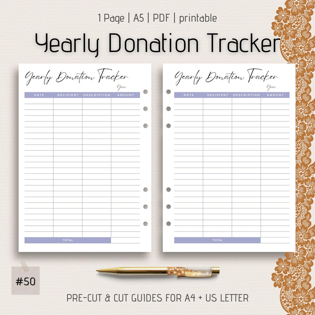 Donation Inset Yearly Donation Tracker Planner Insert, Printable A5 Digital Template ...