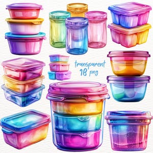 May include: A set of 18 transparent plastic containers in various sizes and shapes. The containers are decorated with rainbow colors and have lids. The containers are perfect for storing food or other small items.