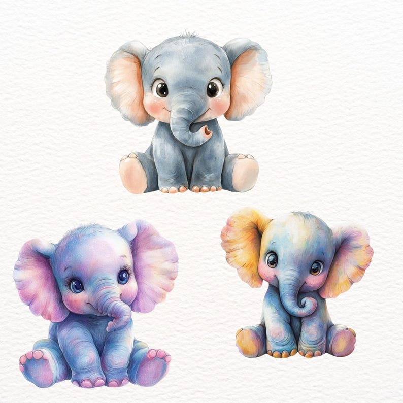 10 Elephant Clipart PNG Bundle, Digital Watercolour Graphic, Whimsical ...