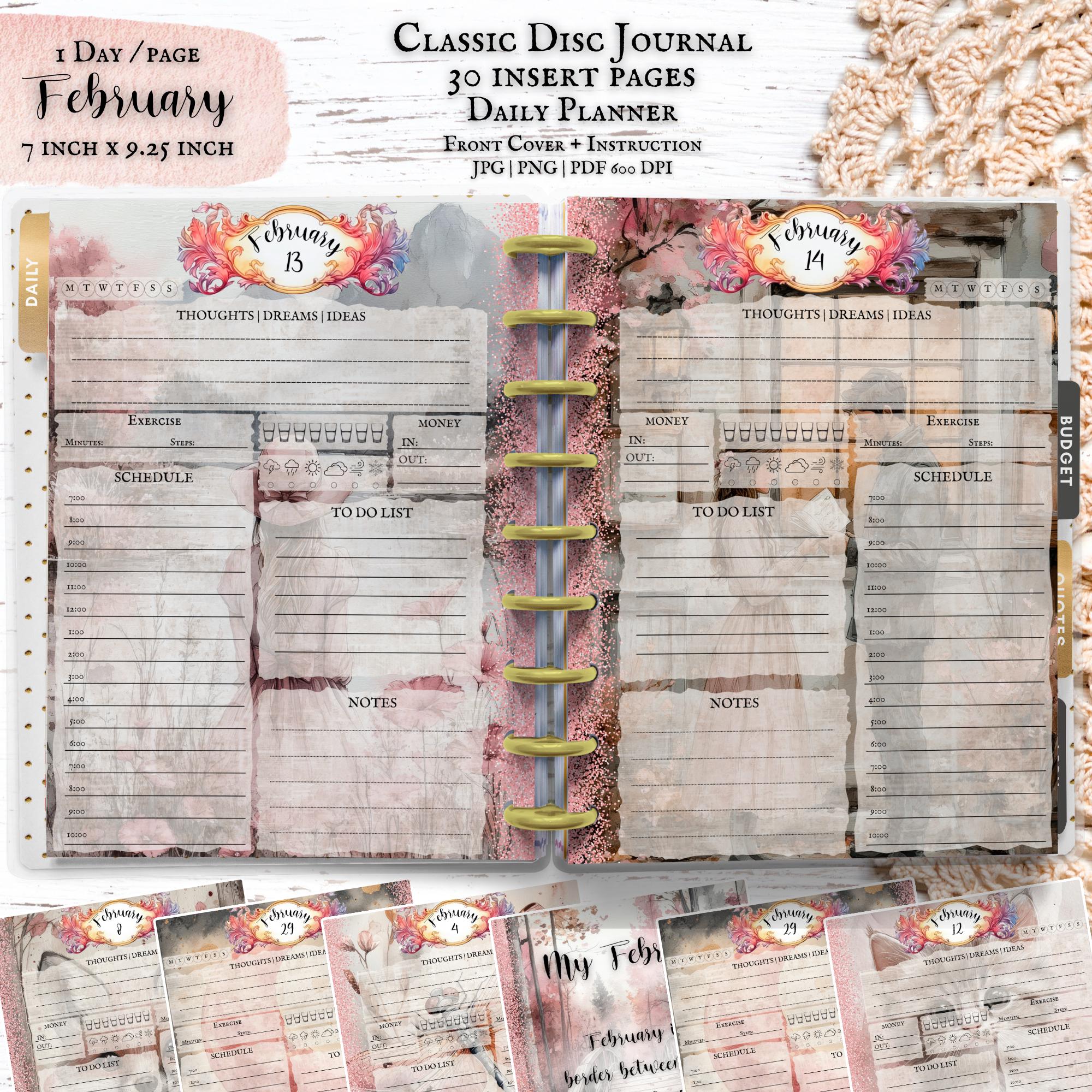 Täglicher Februar Disc Planer Einlagen, druckbare Seiten von Junk Journal, Craft Papers Bundle, Scrapbook Digital Kit, Tage Junk Journal Kalender