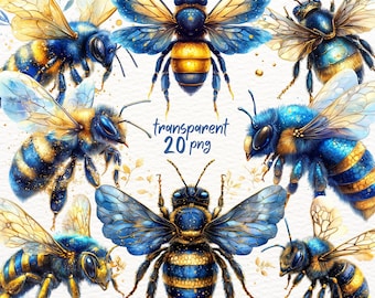 May include: A set of eight watercolor illustrations of bees with blue and gold wings and bodies. The bees are depicted in various poses, some with their wings spread and others with their wings folded. The illustrations are set against a white background.
