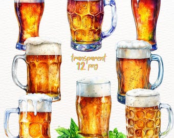 Watercolor Beer Clipart Bundle: 12 PNG Graphics (Commercial Use)