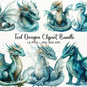 May include: Teal dragon clipart bundle with 14 PNG and JPG images at 300 DPI. The dragons are in various poses, with wings spread and curled up. They have a watercolor effect and are set against a white background.
