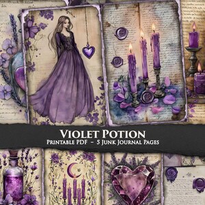 May include: A collection of five printable junk journal pages with a violet potion theme. The pages feature illustrations of a woman in a purple dress, candles, a heart-shaped gem, and a potion bottle. The text "VIOLET POTION" is displayed.