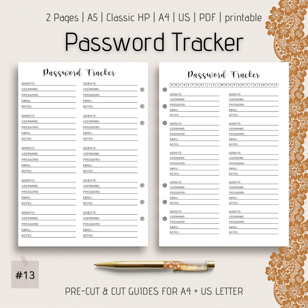 Password Tracker Planner Insert, Printable A5 Planner, A4 Template, US ...