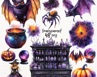 Paarse Halloween-clipartbundel: aquarel mystieke afbeeldingen (PNG, commercieel gebruik)