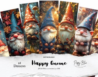 Satz von 16 Gnome druckbaren Lesezeichen-Bundle, digitale PNG JPG für Sublimation Clipart Cricut Silhouette kommerzielle Nutzung, glückliche wunderliche png