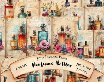 12 Junk Journal Druckbare Seiten, Parfüm Flaschen jpg Bundle, Scrapbook Papier jpg, Digitale PDF Sheets, kommerzielle Nutzung, Vintage Illustration
