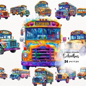 Puede incluir: Un paquete de clipart de 24 ilustraciones de autobuses escolares en acuarela. Los autobuses están pintados en colores brillantes con una variedad de patrones y diseños. El texto "Clipart Bundle Schoolbus 24 png & jpg" es visible en la imagen.