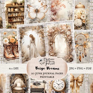 Papel imprimible Gentle Junk Journal, papel para escribir cartas Beige Dreams, recortes de impresión digital para álbumes de recortes, manualidades vintage, kit de recuerdos efímeros