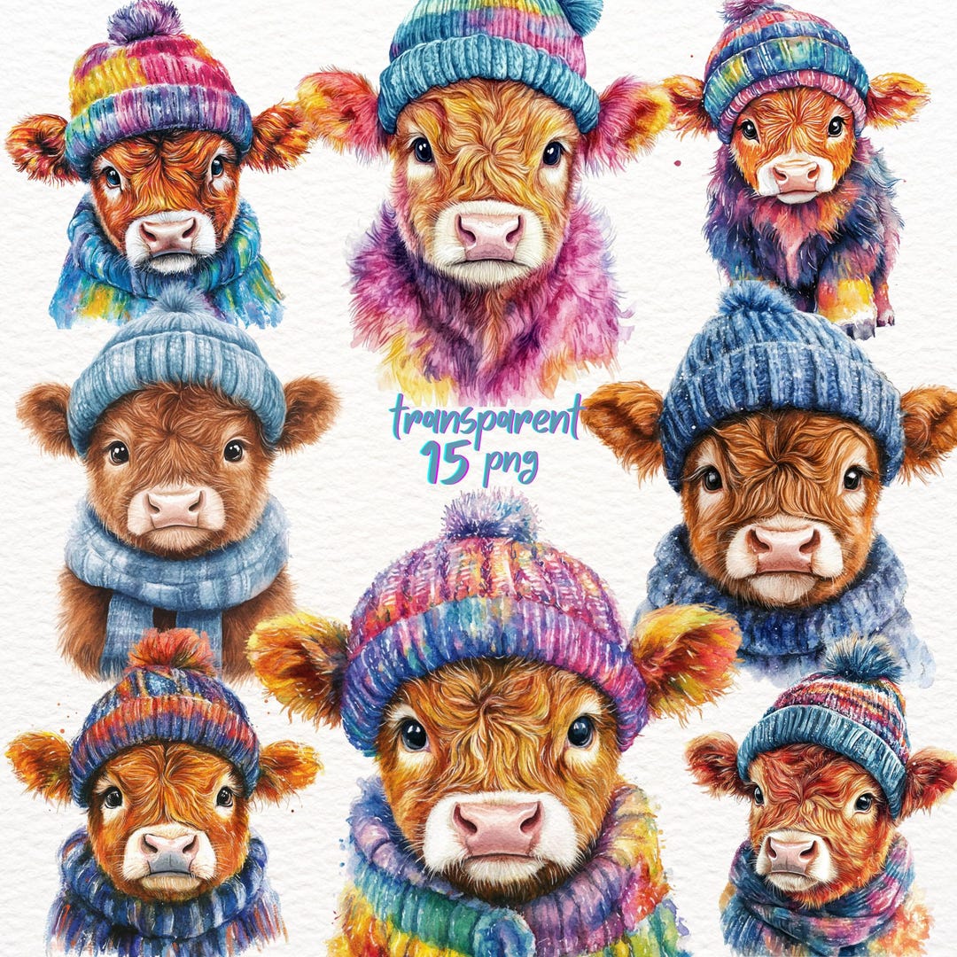 Highland Cow Clipart Bundle: Winter Watercolor PNG Graphics (commercial ...