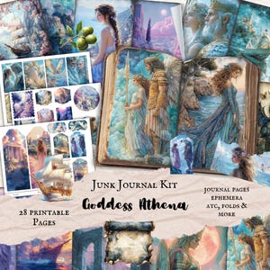 Kit stampabile diario spazzatura della dea greca, mitologia di Atena jpg, etichette effimere, etichette di carta, fogli PDF digitali, tagli elaborati, stampa e taglio
