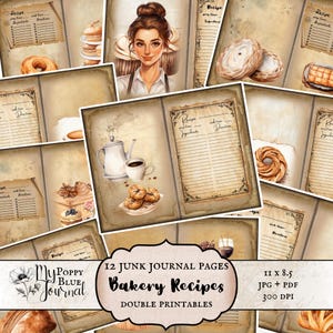 Papel para impressão de diário de receitas, pacote de receitas de padeiro em jpg, papel para scrapbook, diário de artesanato digital em PDF, corte para impressão, cartões de receitas vintage