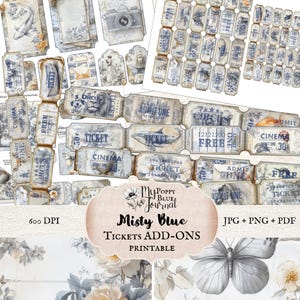 Vintage Ticket Ephemera Junk Journal druckbares Bündel, nebelblaue Tags jpg, Scrapbook-Papier, digitale PDF-Blätter, DIY Handwerk, Etiketten Umschlag