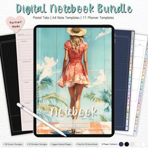 May include: Digital notebook bundle with pastel tabs, 64 note templates, and 11 planner templates. The cover features a woman in a dress and hat. Includes 10 cover designs, 12 divider designs, hyperlinked pages, a pastel stickerbook, and 5 paper colors.