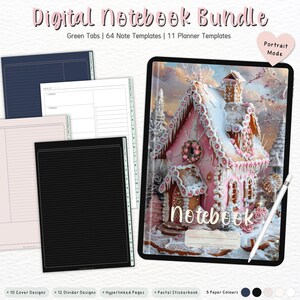 Könnte beinhalten: Digitales Notizbuch-Paket mit grünen Laschen, 64 Notizvorlagen und 11 Planervorlagen. Das Cover zeigt ein rosa Lebkuchenhaus mit weißem Zuckerguss und Süßigkeiten-Dekorationen. Der Text "Notebook" ist auf dem Cover geschrieben.