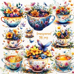 May include: A set of 14 watercolor illustrations of teacups filled with colorful flowers and butterflies. The teacups are in various colors and patterns, including blue, pink, yellow, and green. The flowers are also in a variety of colors, including red, orange, yellow, and purple. The butterflies are blue and black.