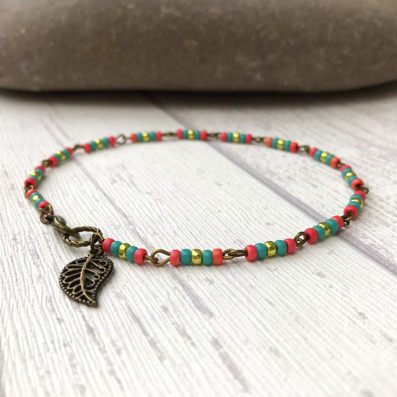Vintage Style Ankle Bracelet Summer Anklet Turquoise and Gold Indian Style Anklet Lovely Bridesmaids Gift Pink Boho Chic On Trend