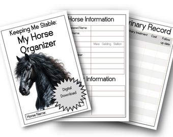 Può includere: Organizzatore di cavalli stampabile con un'illustrazione di un cavallo nero. L'organizzatore include sezioni per le informazioni sul cavallo, i registri veterinari e un'etichetta di download digitale.