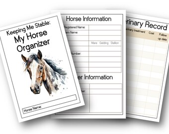 May include: A printable horse organiser with a watercolour illustration of a horse's head. The organiser includes sections for horse information, veterinary records, and other information.
