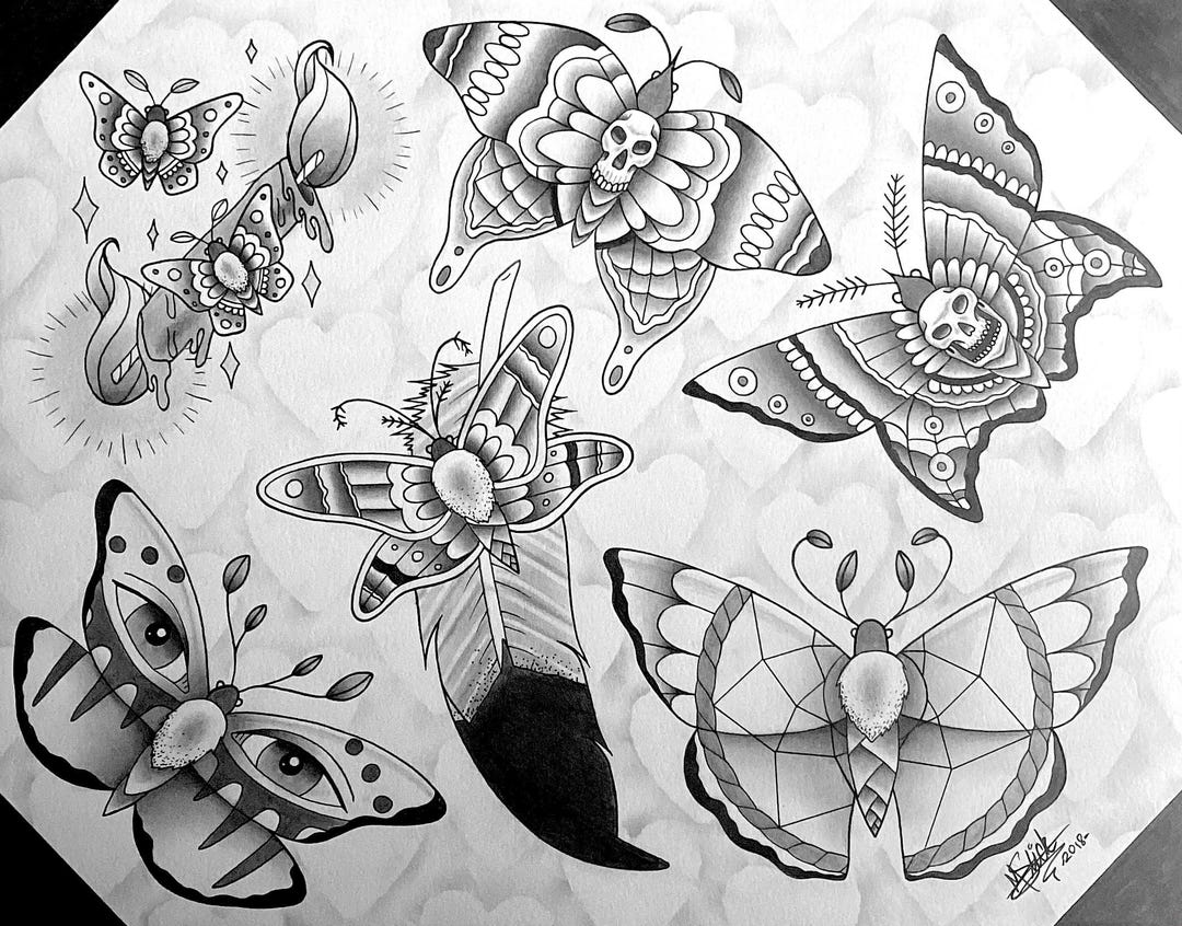 ORIGINAL Moth Tattoo Flash Sheet #5 (hand Drawn) - Etsy