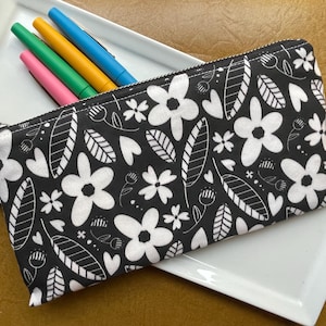 Floral Zip Pouch - Black and White Linen Cotton Canvas Bag 4 x 8