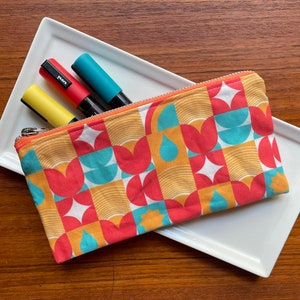 Canvas Zip Pencil Pouch 4x8 Zip Bag in Happy Grid Linen Cotton Canvas