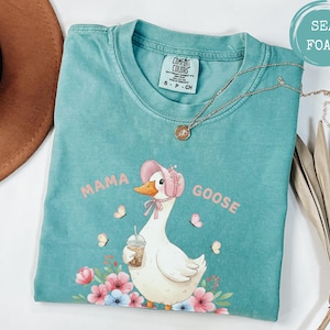 Mama Goose Graphic T-Shirt, Comfort Colors Tee with Cute Duck Coffee and Flowers, Mother&#39;s Day Gift Idea, Spring Mom Outfit, Mom Life Tshirt