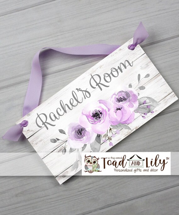 Sweet Grey And Lavender Floral Bouquet Watercolor Door Sign Elegant Girls Bedroom Bedroom Nursery Wall Art Decor Ds0589