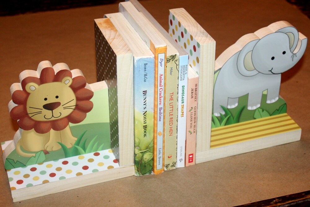 Jungle Animal Safari Kids Bedroom Baby Nursery Wood Bookends