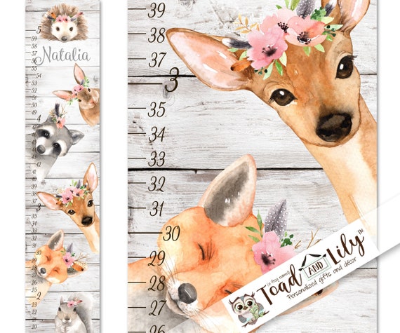 Canvas GROWTH CHART Floral Woodland Critter Friends Girls