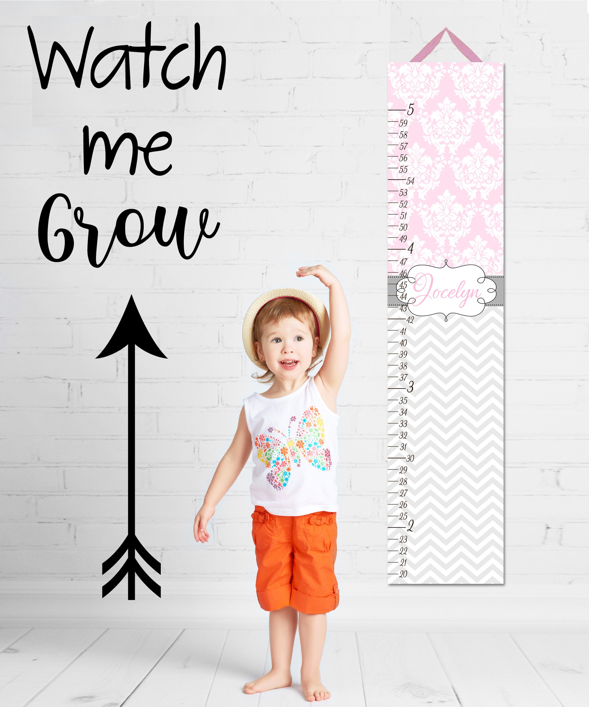 Canvas GROWTH CHART Pink and Grey Chevron and Damask Girls Etsy