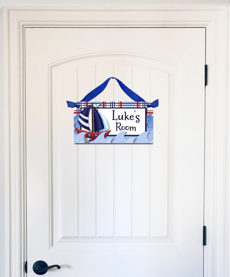 Personalized Kids DOOR SIGN Red and Navy Little Sail Boat Nautical Sailing Ship Sea Boys Bedroom Baby Nursery Door Sign DS0040