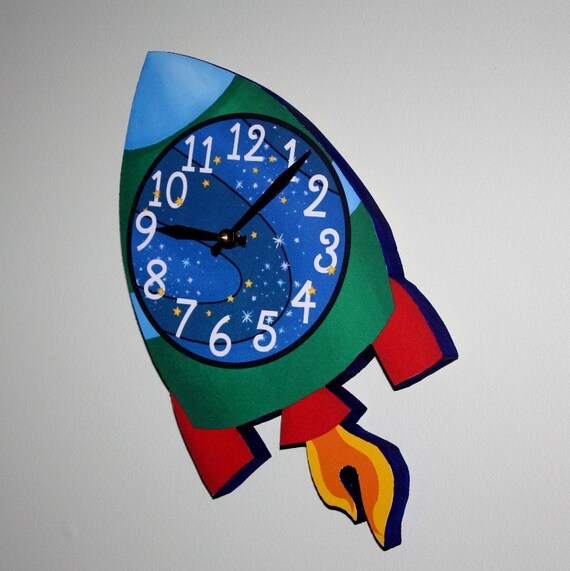 Blast Off Outerspace Rocket Wooden WALL CLOCK Kids Bedroom Etsy