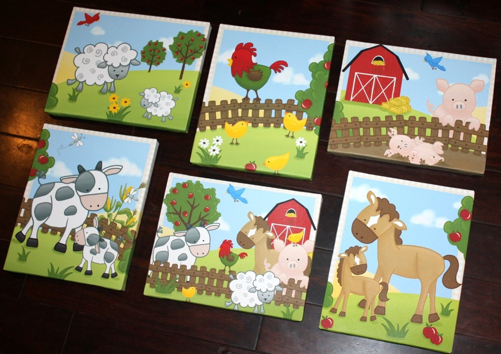 Set of 6 Farm Animals 8x10 Stretched Canvases Kids Bedroom Etsy
