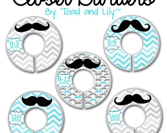 CLOSET DIVIDERS Aqua Blue and Grey Chevron Moustache Boys Bedroom and Baby Nursery Art Decor CD0047