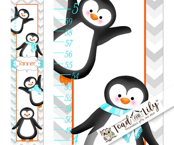 Canvas Growth Chart Aqua Orange Penguins Kids Bedroom Nursery Etsy