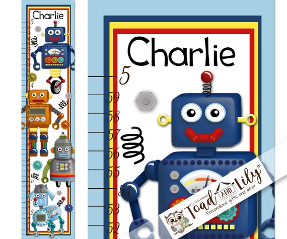 Personalised FABRIC Height Growth Chart Kids Gift Toys Boys Robots Add Name DOB 