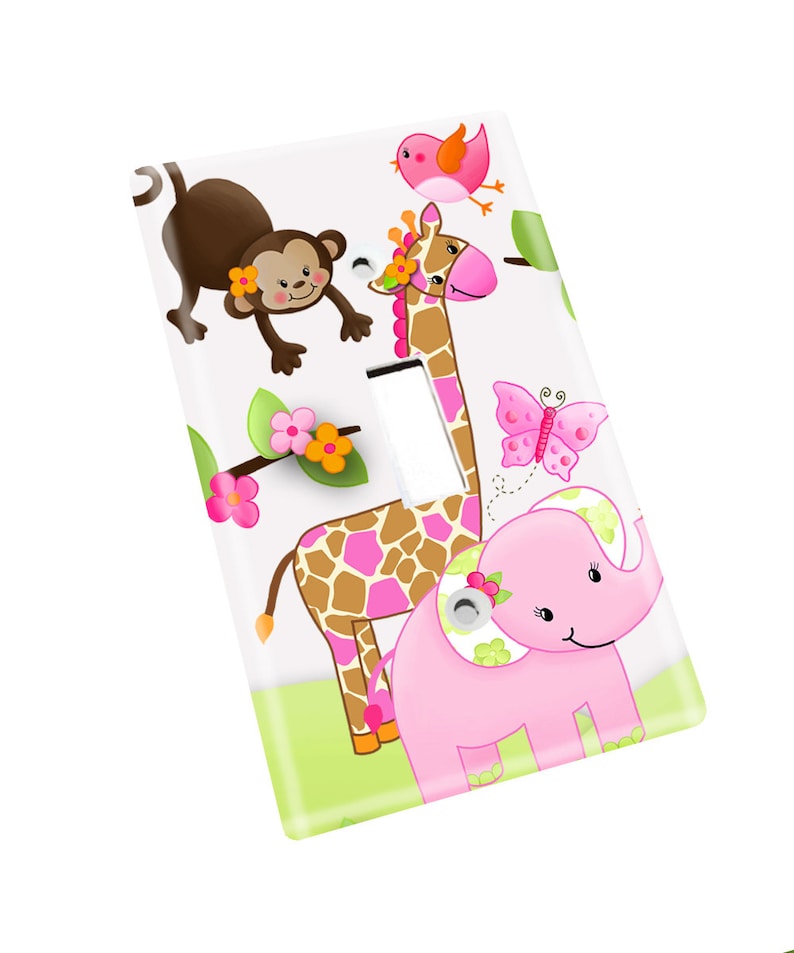Single Standard All Creatures Big and Small Pink Gray Elephants and Birdies Girls Bedroom Light Switch Cover LS0042