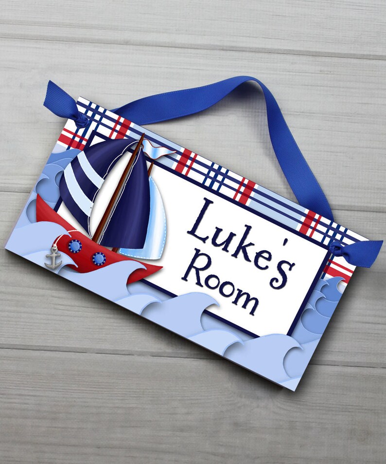 Personalized Kids DOOR SIGN Red and Navy Little Sail Boat Nautical Sailing Ship Sea Boys Bedroom Baby Nursery Door Sign DS0040
