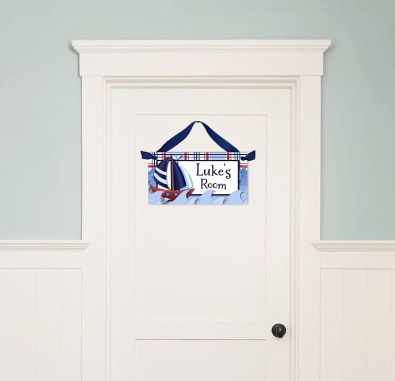 Personalized Kids DOOR SIGN Red and Navy Little Sail Boat Nautical Sailing Ship Sea Boys Bedroom Baby Nursery Door Sign DS0040