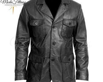 Men's Black Leather Safari Jacket | Genuine Sheepskin Leather Jacket For Men | Leather Field Jacket With Multiple Pockets | Gift For Him