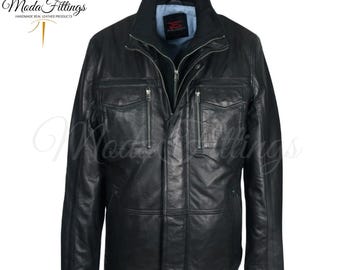 Men's Black Sheepskin Leather Field Coat | Long Winter Leather Jacket With Cotton Lining For Warmth