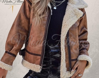 Damska brązowa kurtka ze skóry owczej | Kurtka lotnicza B3 Bomber z owczej skóry | Kurtka bomber z prawdziwej skóry | Ciepła kurtka zimowa na prezent dla niej