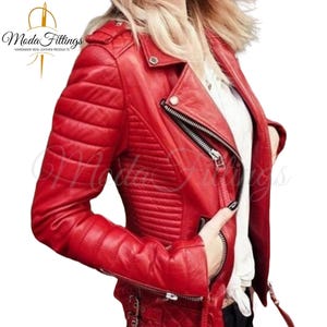 Women&#39;s Red Leather Biker Jacket | Sheepskin Womens Leather Jacket | Leather Motorcycle Jacket | Leather Moto Jacket | Real Leather Jacket