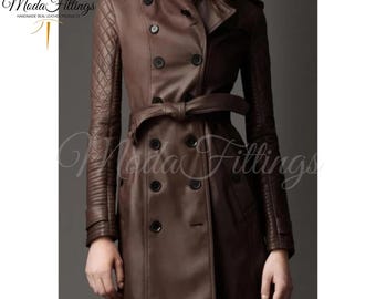 Women's Brown Leather Coat | Genuine Sheepskin Leather Coats for Women | Womens Trench Coat | Double Breasted Long coat | Gift For Her