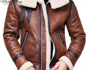 Men's Brown Shearling Leather Bomber Jacket With Sherpa Fur | Real Sheepskin Warm Winter Jacket